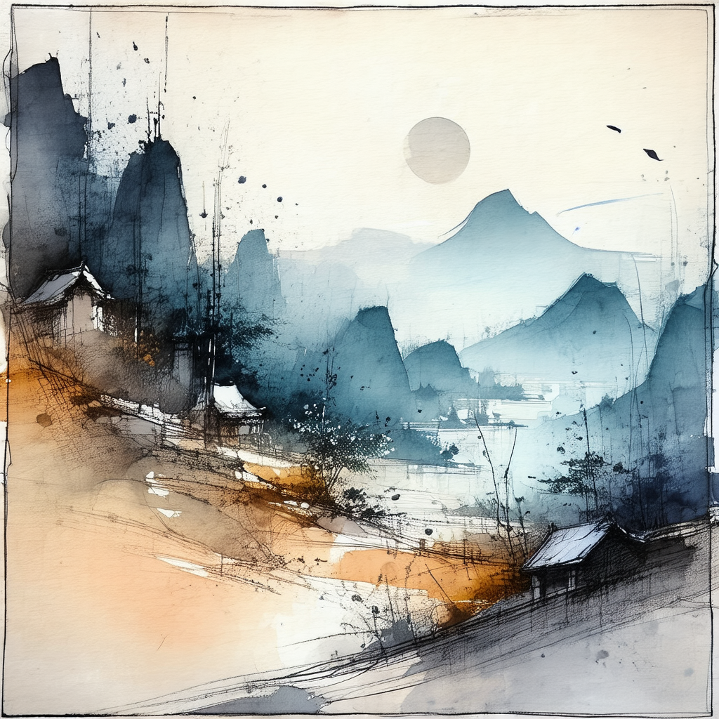 Painting of a mountainous landscape with a village nestle...