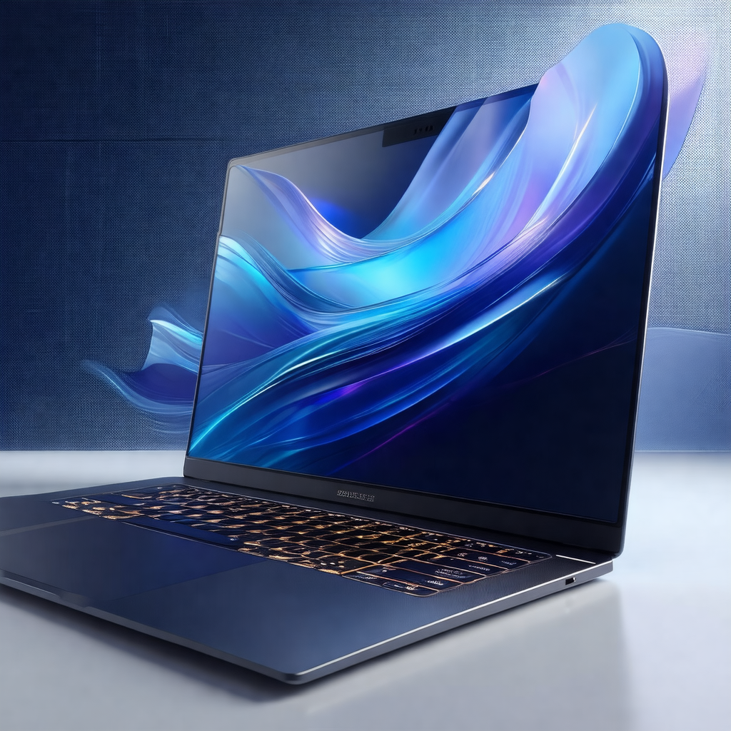 Laptop computer with a blue and purple screen