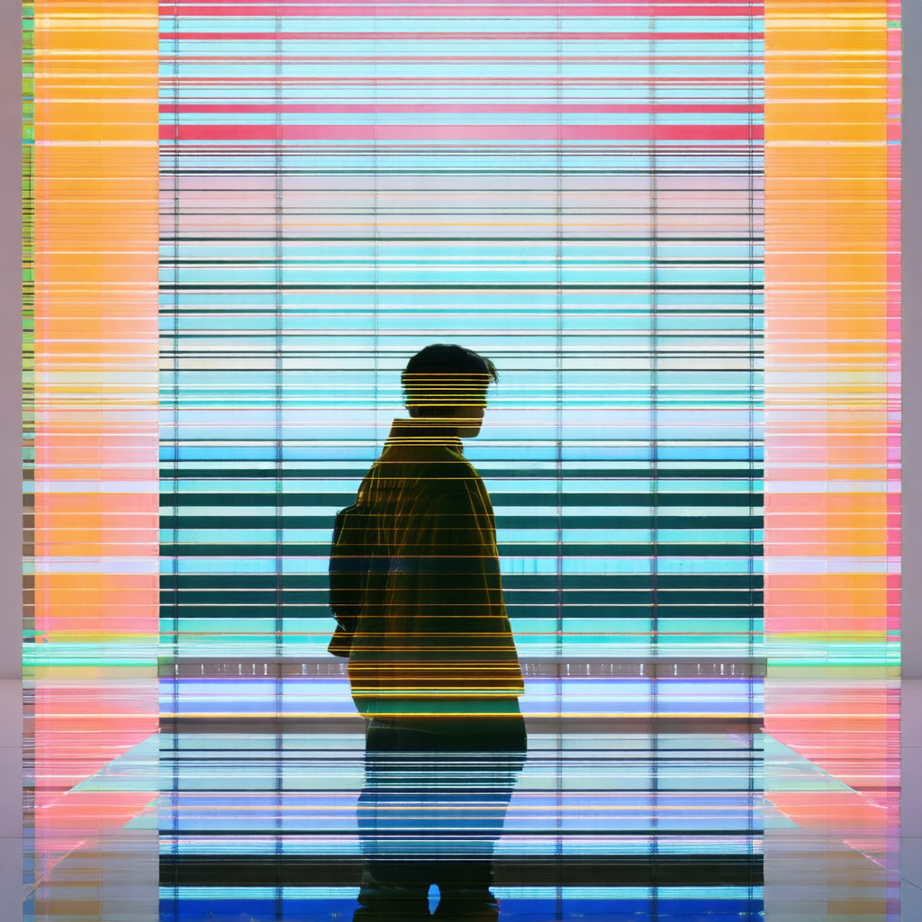 Man standing in front of a colorful, striped wall