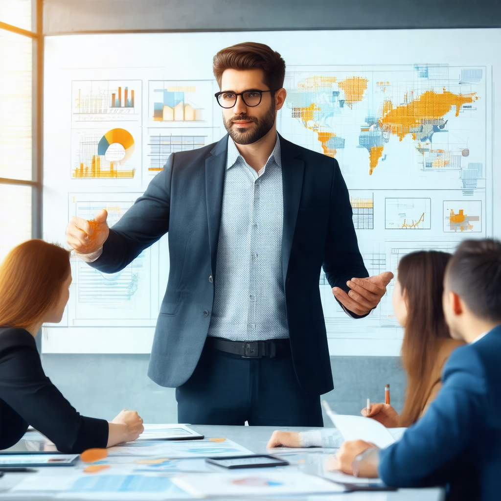 Man in a suit standing in front of a large whiteboard, gi...
