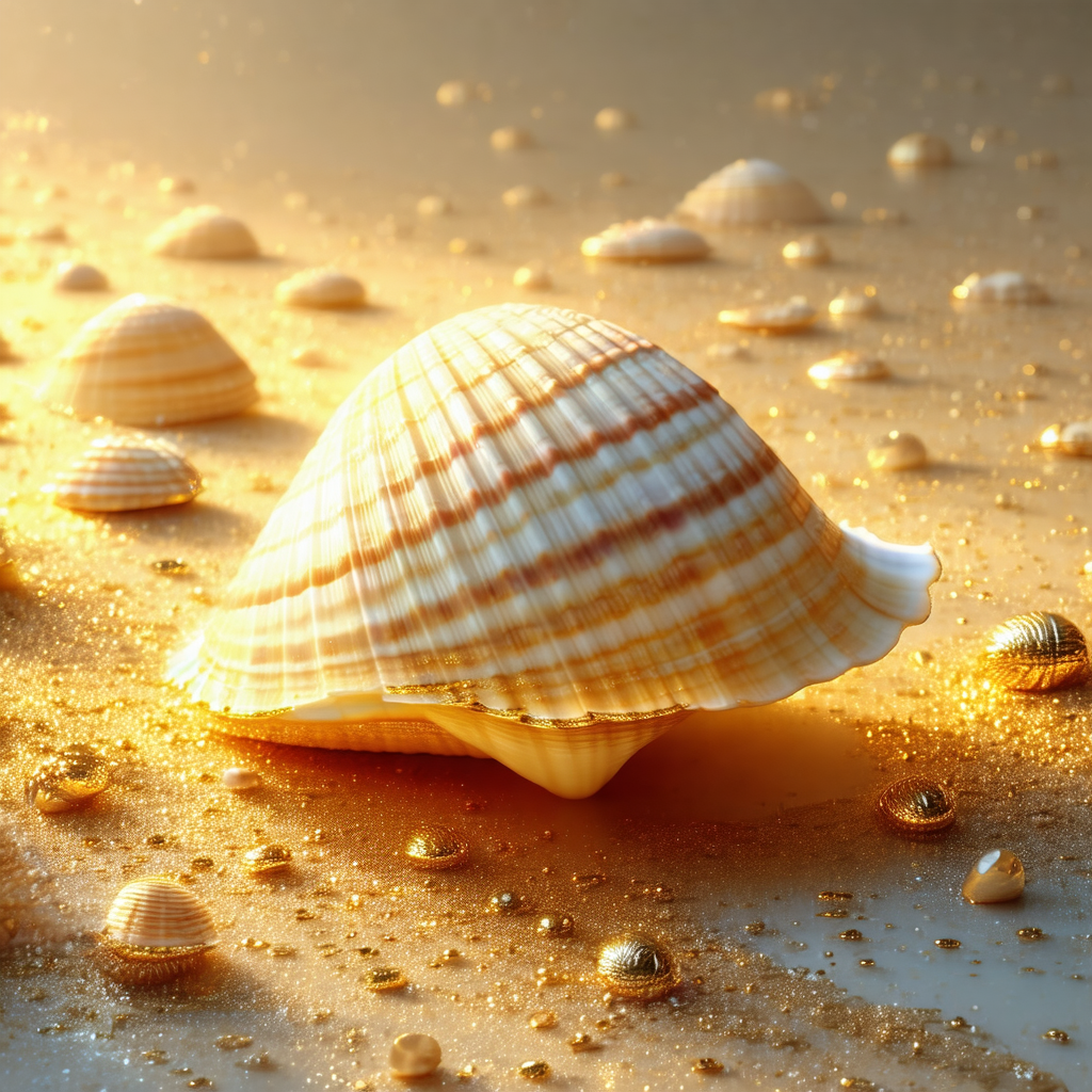 Beautiful beach scene with a large, shiny seashell lying ...