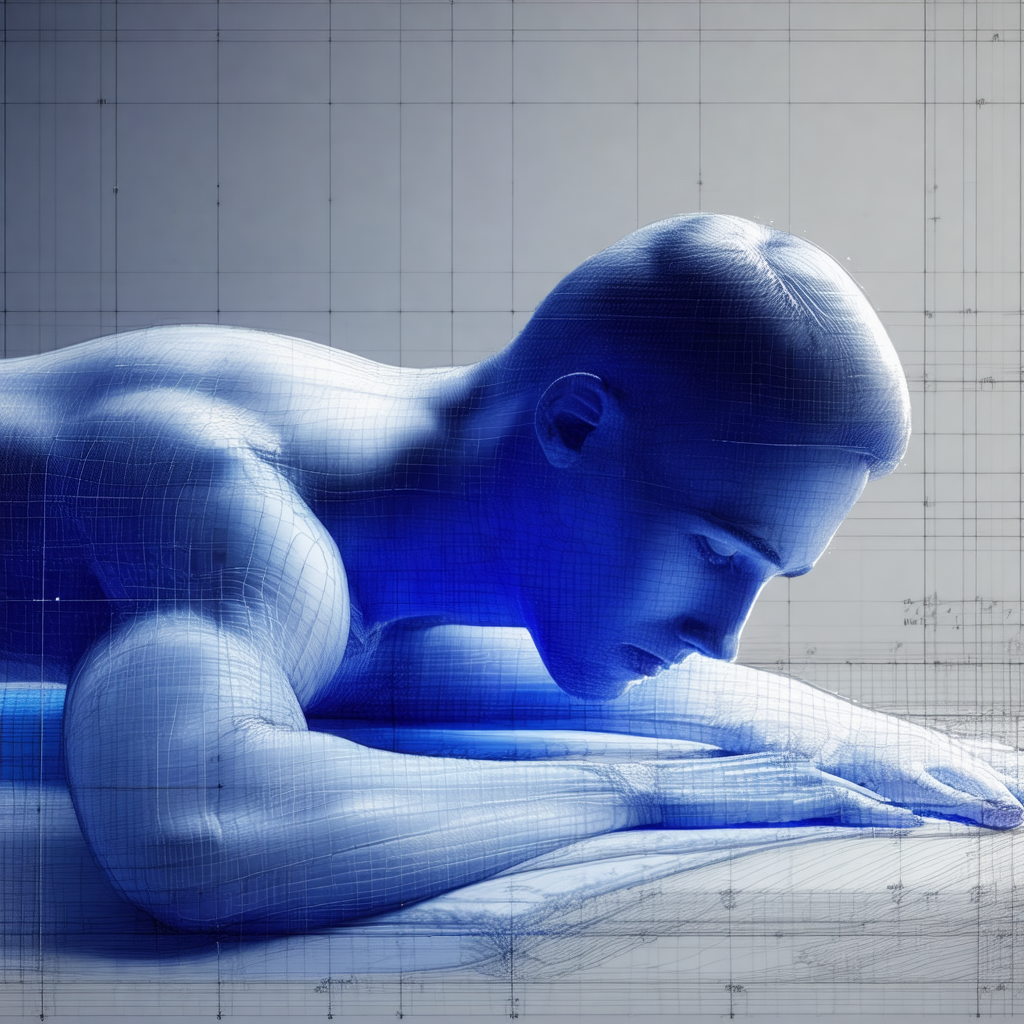 Blue, three-dimensional man lying on a bed