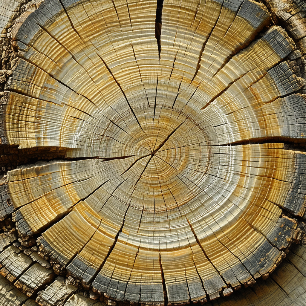 Large, circular tree stump with a distinctive spiral pattern