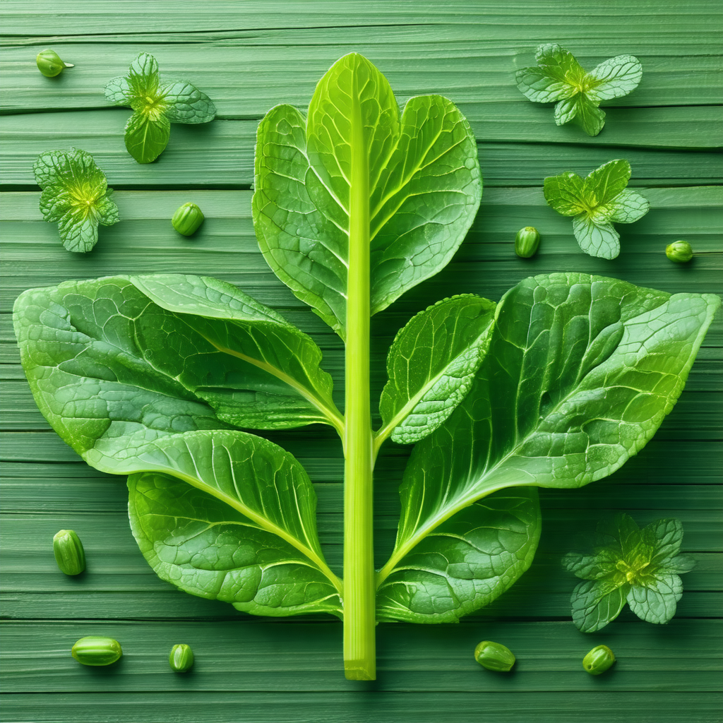 Close-up of a green leaf, possibly a spinach leaf, with a...