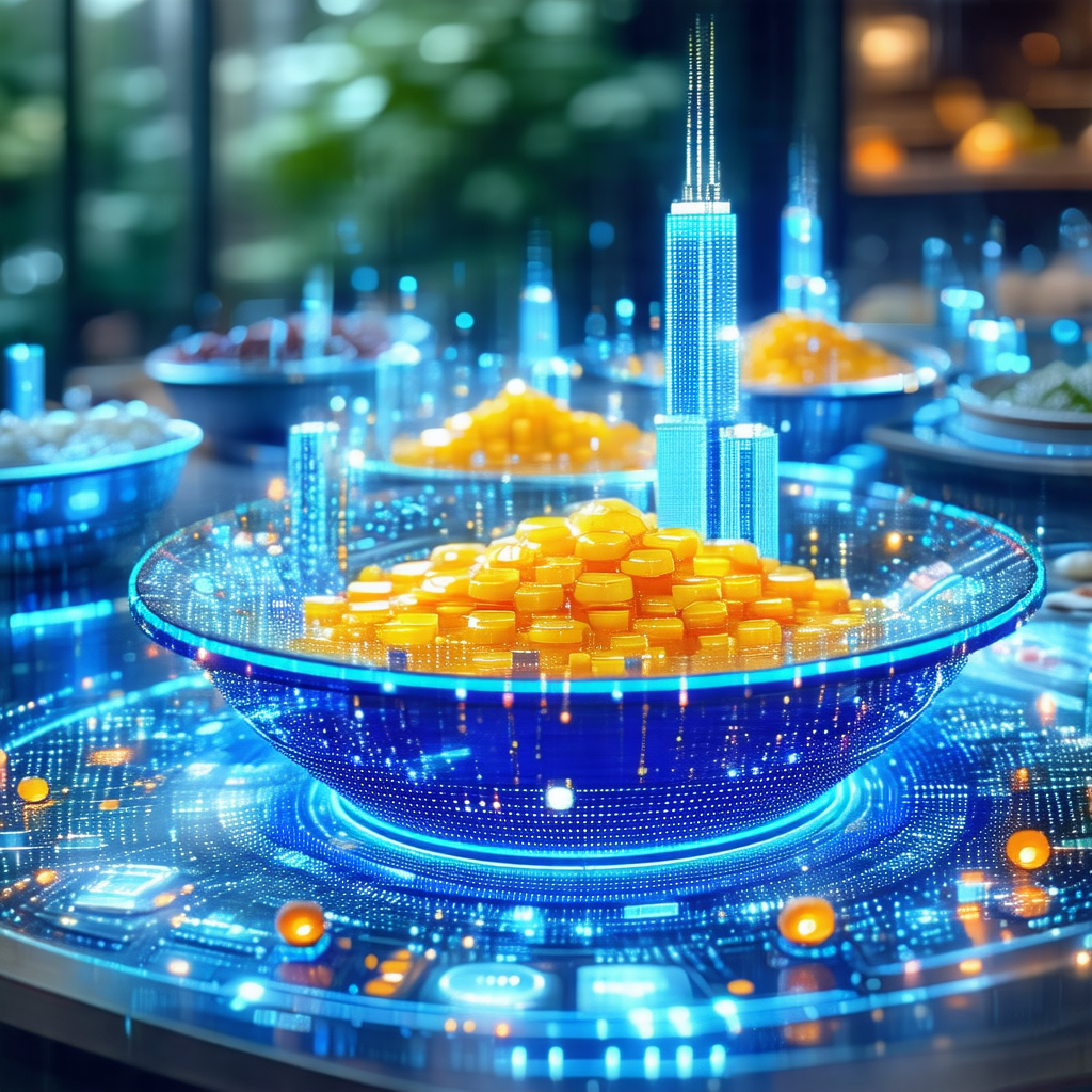 Futuristic cityscape with a large bowl of food at the center