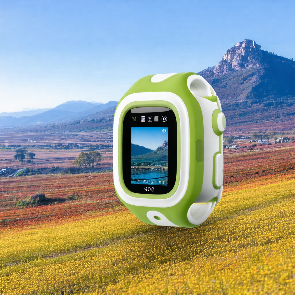 Green and white watch with a camera on its face