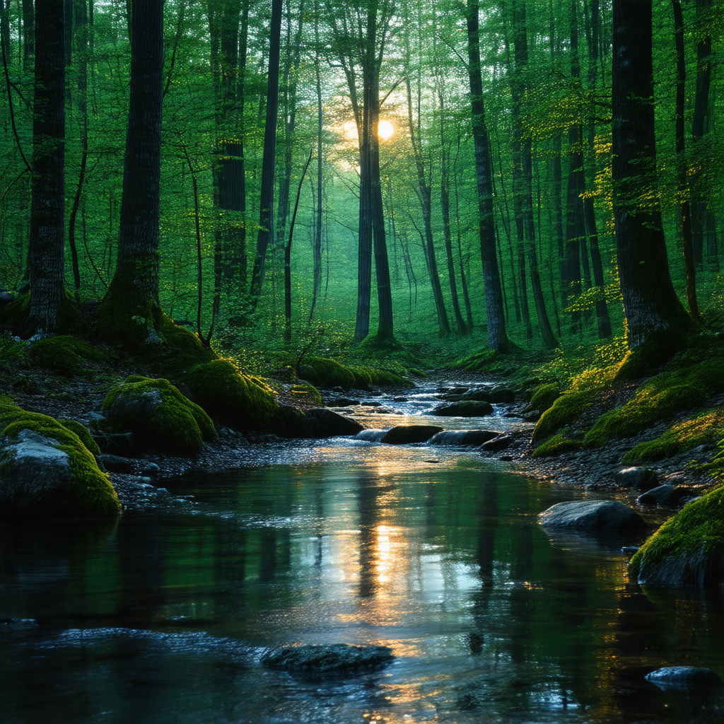 Serene forest scene with a small stream flowing through t...