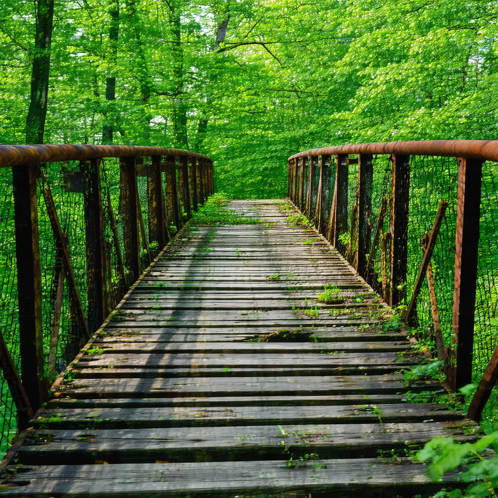 Wooden bridge with a metal railing
