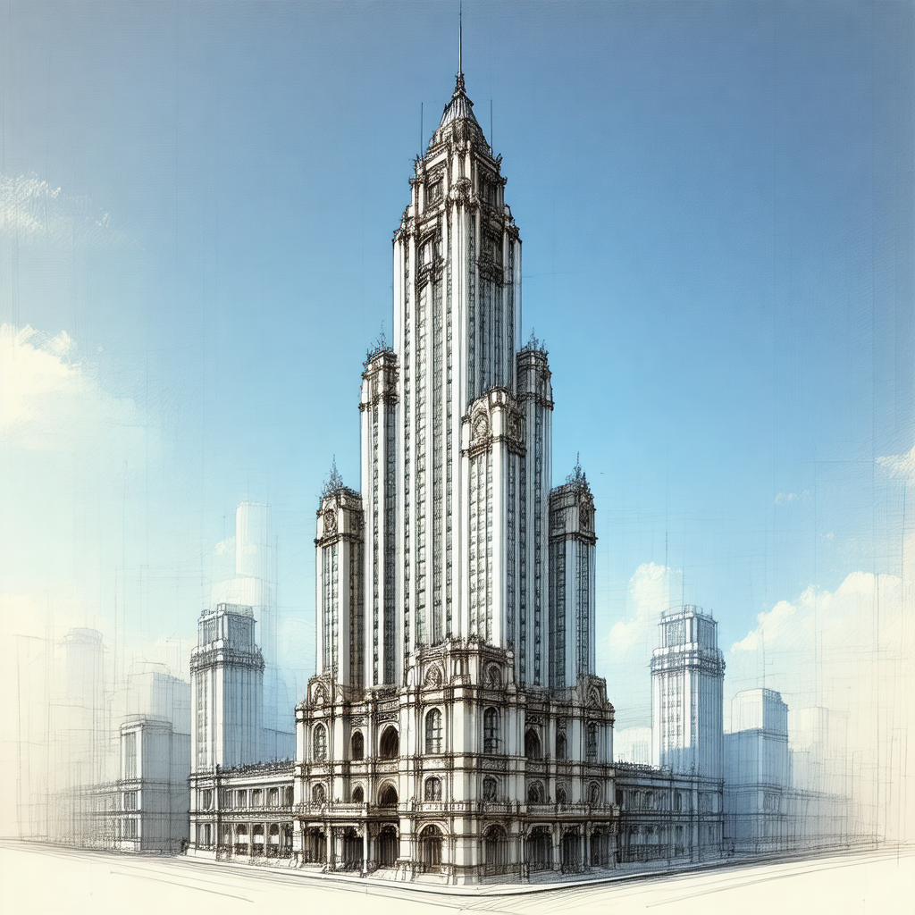 Drawing of a large, ornate building with a clock tower
