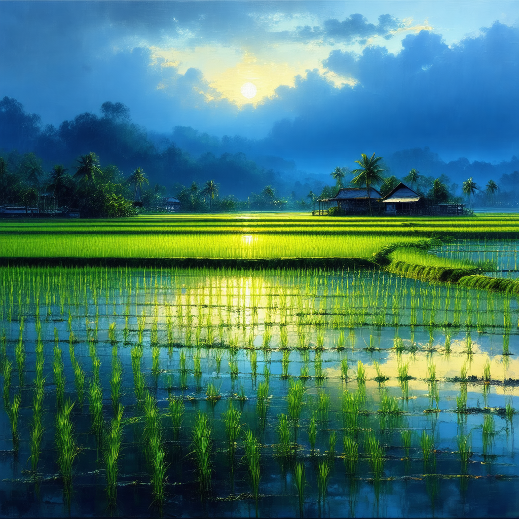 Beautiful landscape with a lush green field and a small v...