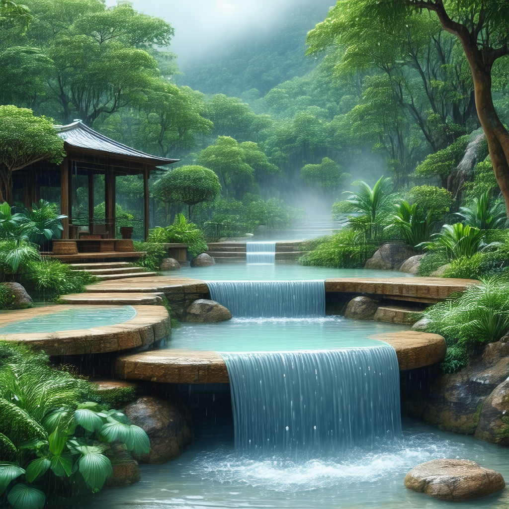 Beautiful waterfall surrounded by lush green trees