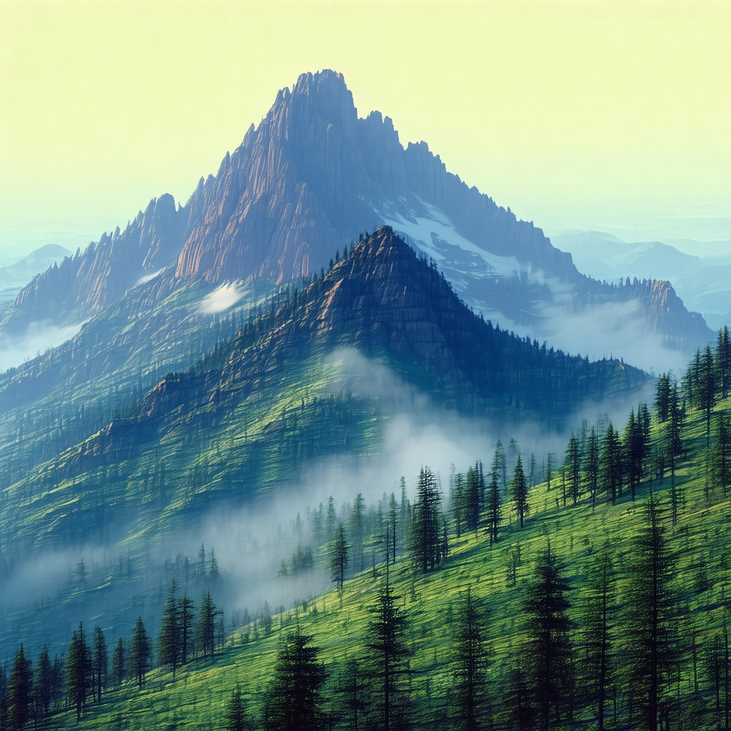 Lush green mountain with a large, snow-capped peak toweri...