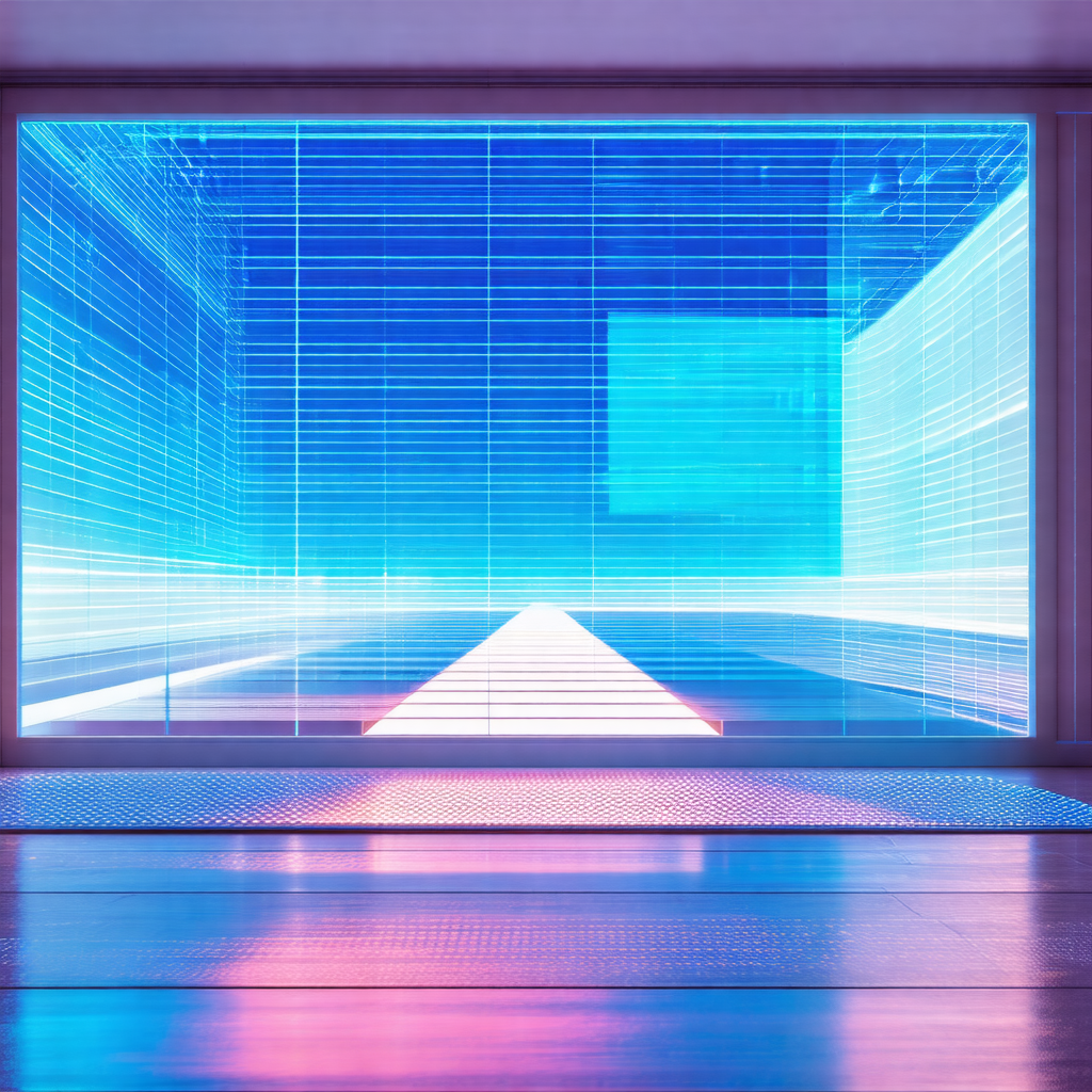 Futuristic room with a large window that displays a blue ...