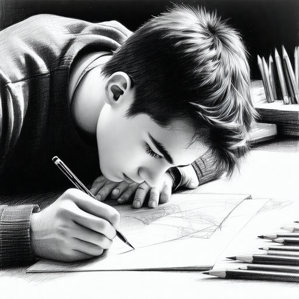 Young man sitting at a table, drawing a picture with a pe...