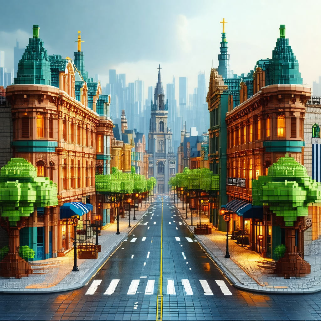 Lego-style model of a city street, featuring a large buil...