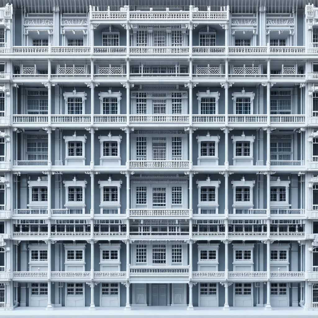 Large, blue, white, and gray building with many windows