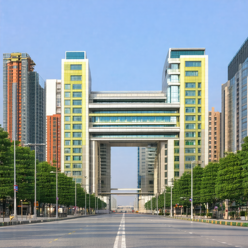 Large, modern building with a distinctive archway in the ...