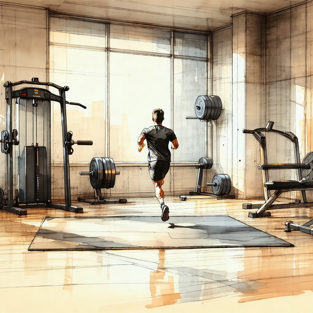 Painting of a man running in a gym
