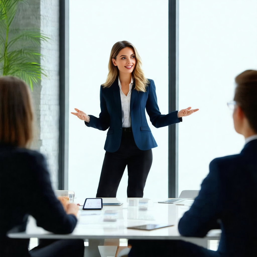 Woman standing in a room, wearing a suit and tie