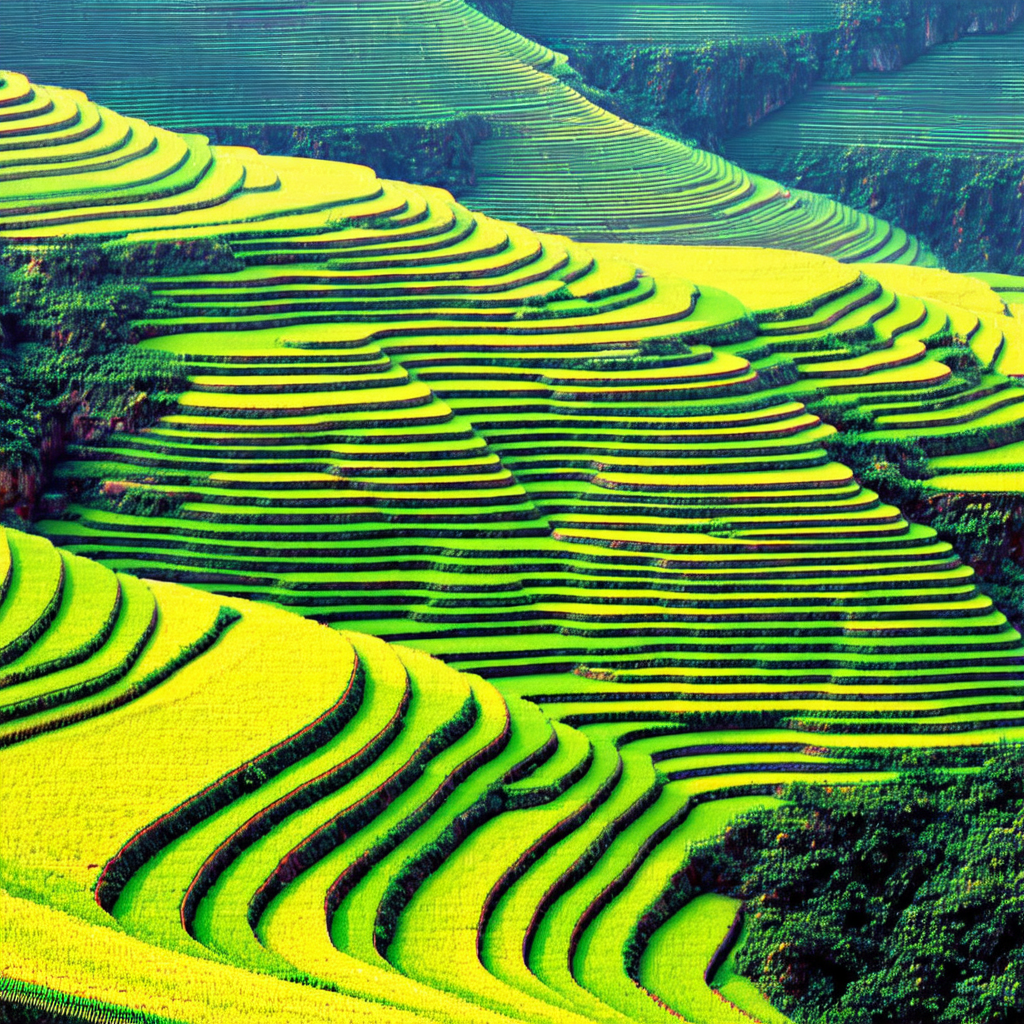 Lush green hillside with a series of terraces carved into...