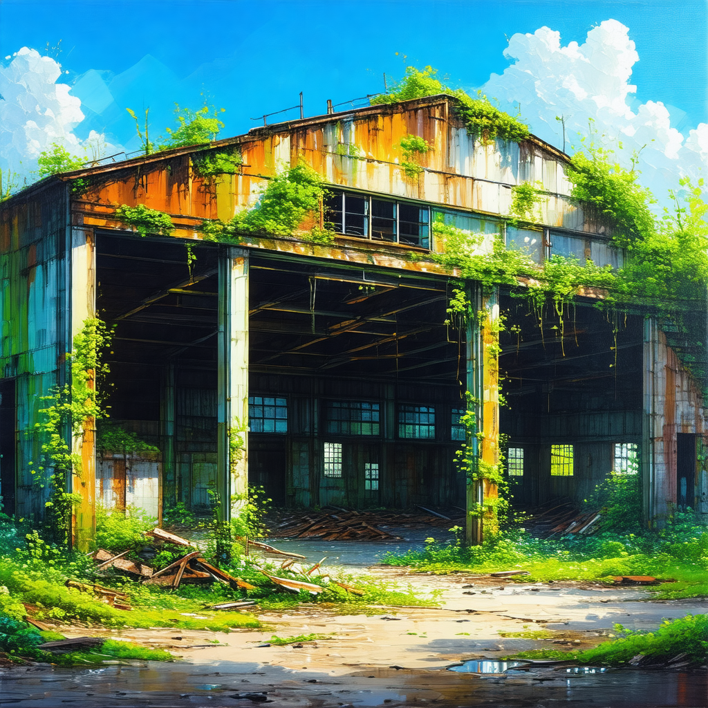 Large, abandoned building with a green roof, surrounded b...