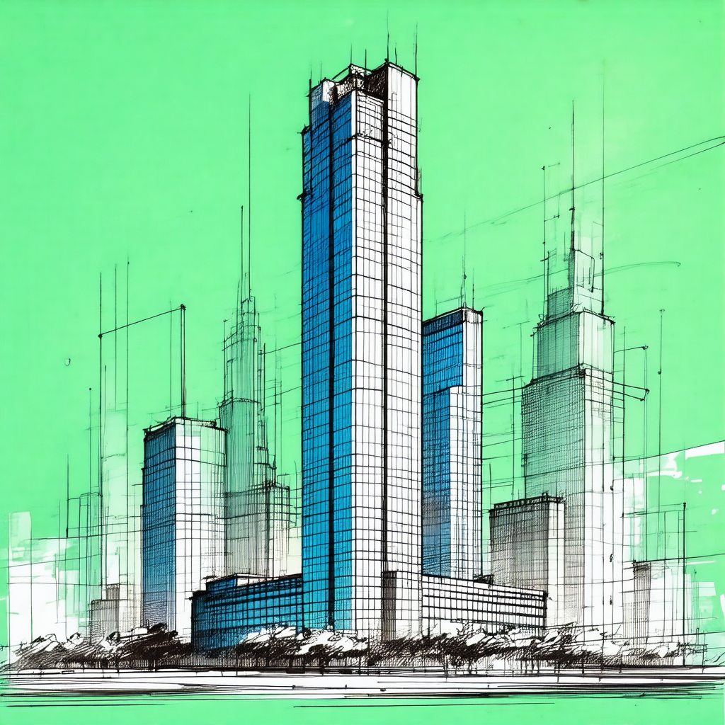 Drawing of a large skyscraper in a city