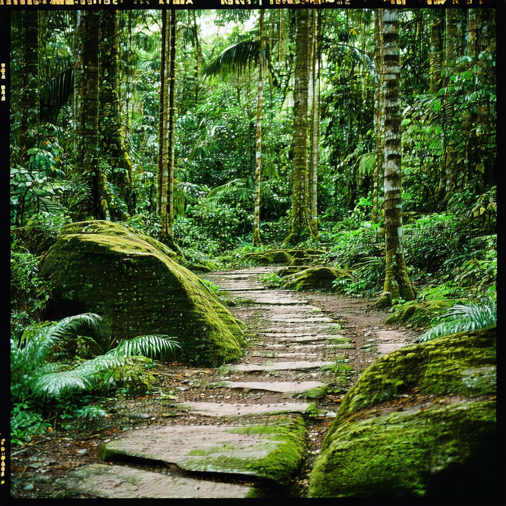 Forest path surrounded by trees and rocks