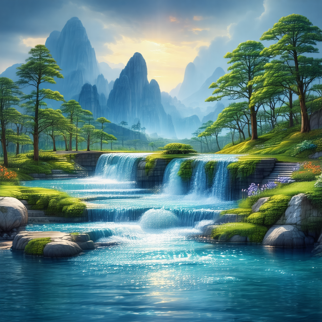 Beautiful waterfall surrounded by lush green trees