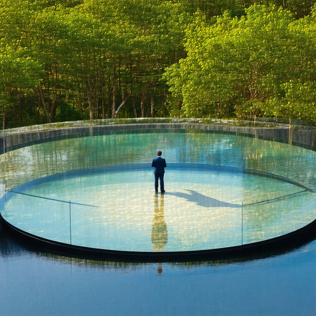 Man standing in a large, circular pool of water