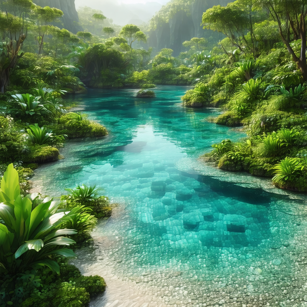 Serene scene of a river flowing through a lush green forest