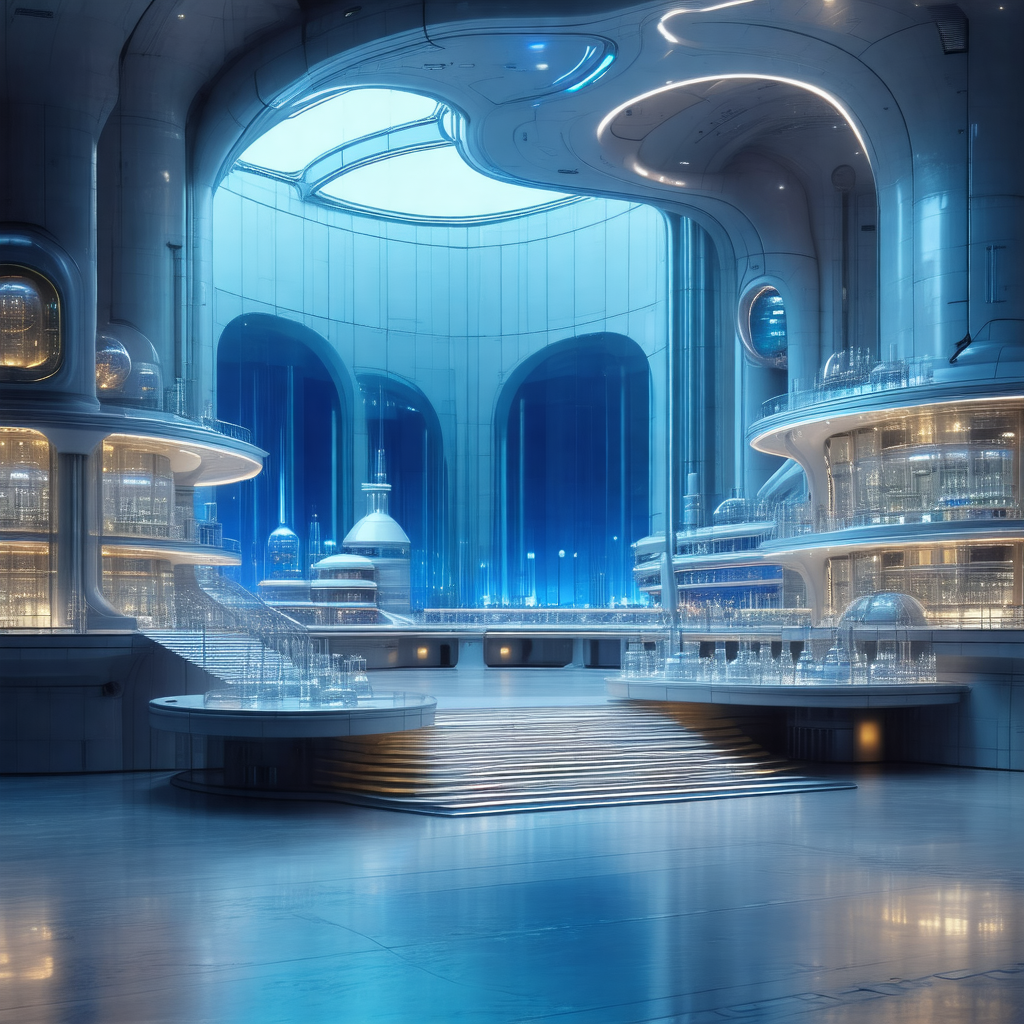 Futuristic, blue-lit room with a large, open space