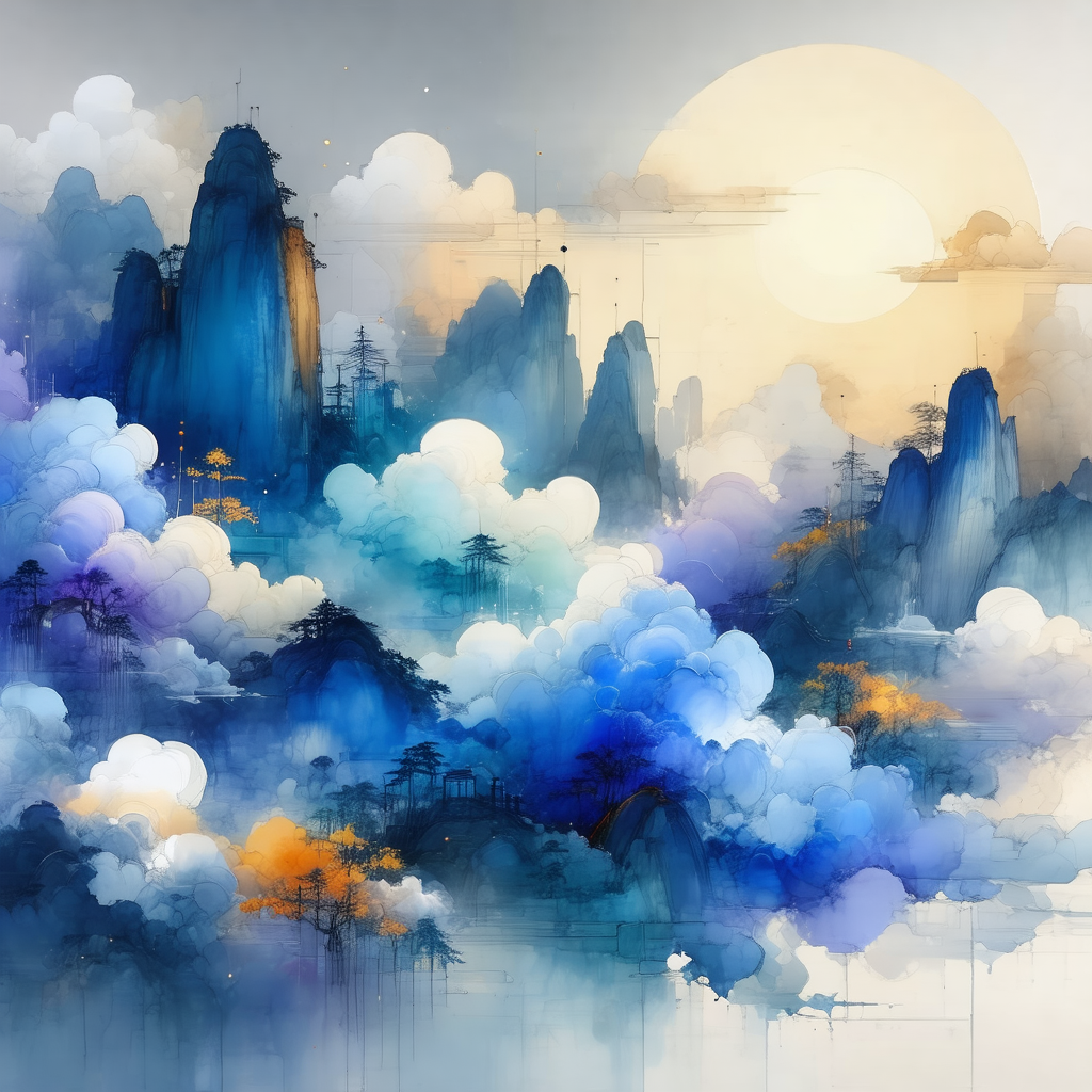 Painting of a mountainous landscape with a blue sky