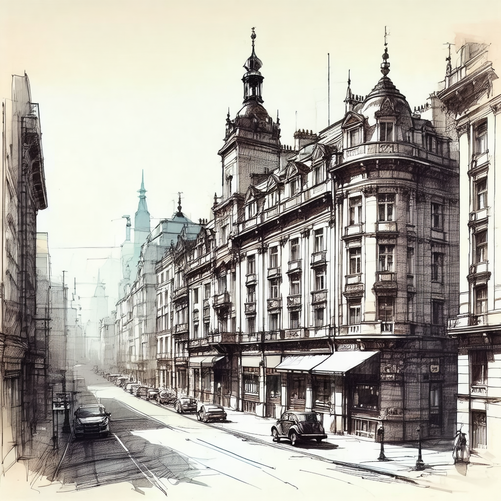 Black and white drawing of a large building with a clock ...