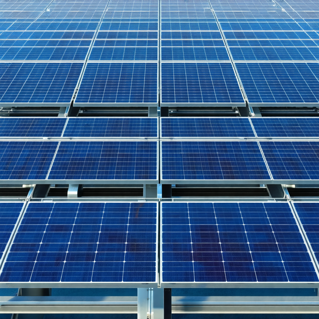 Large solar panel array, with multiple rows of solar pane...