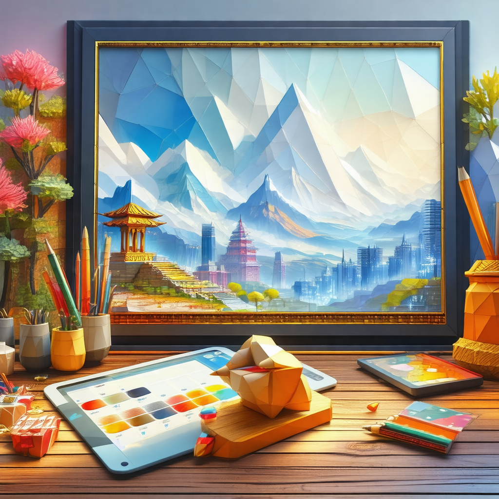 Wooden desk with a tablet computer and a pile of art supp...