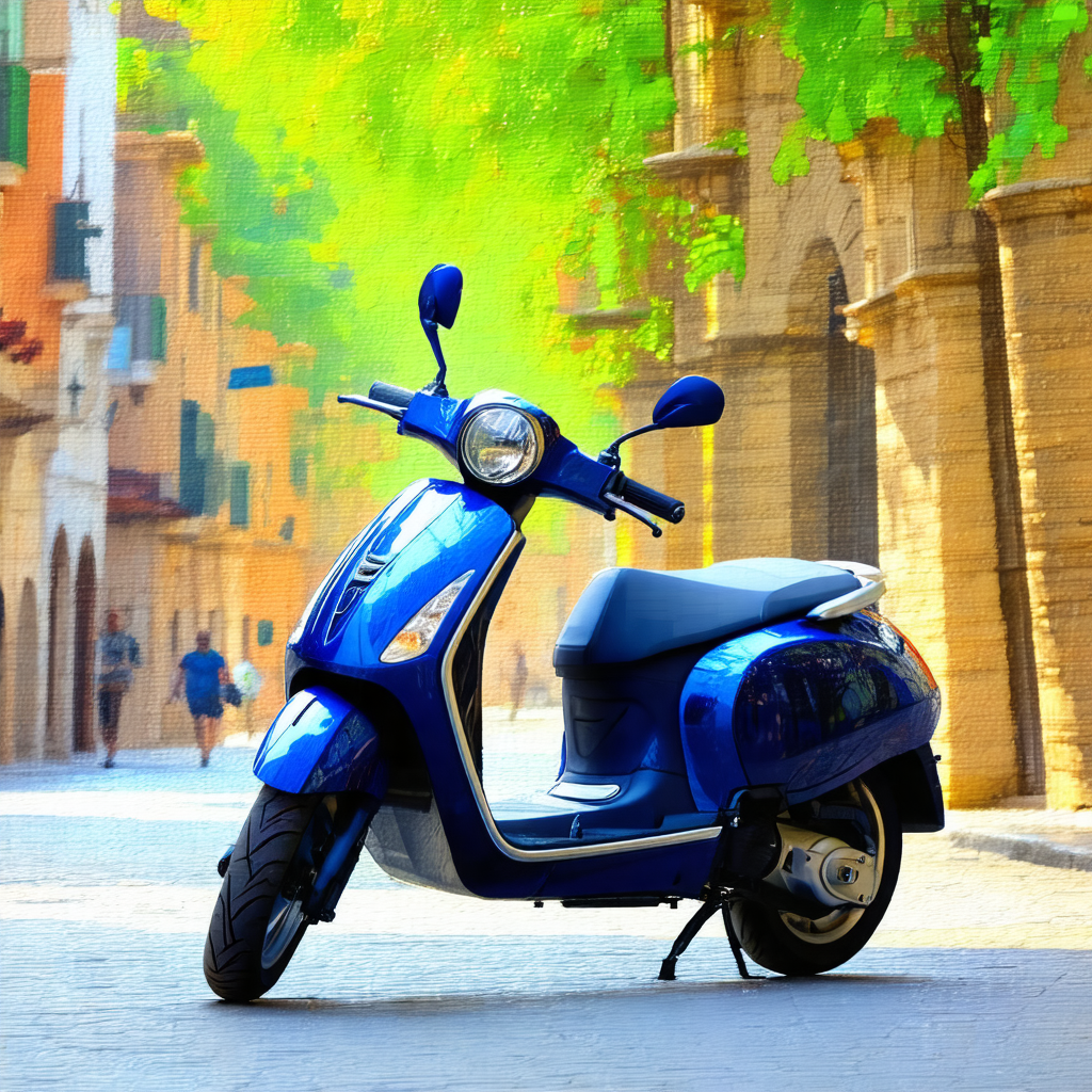 Blue scooter parked on a street, with a person standing n...