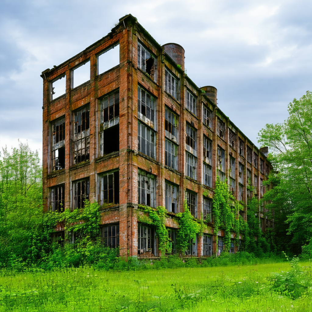 Large, old, and abandoned brick building with a red roof