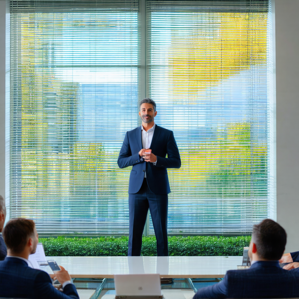 Man standing in a room, wearing a suit and tie