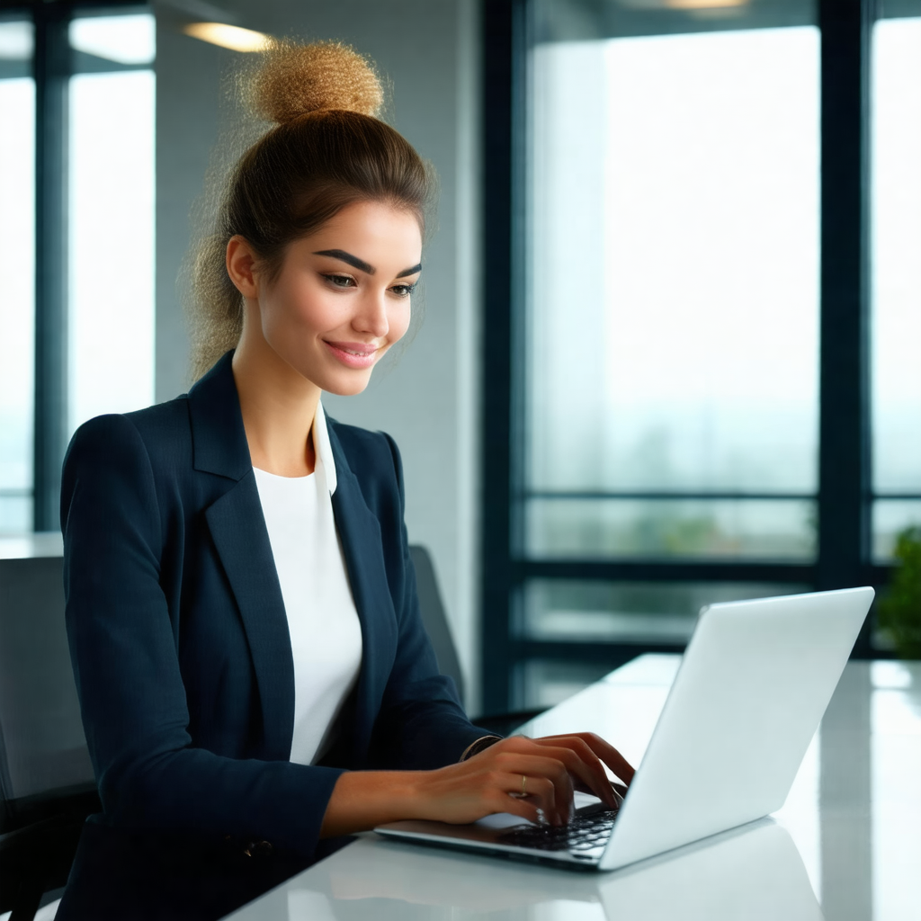 Woman wearing a suit and tie, sitting at a desk and worki...
