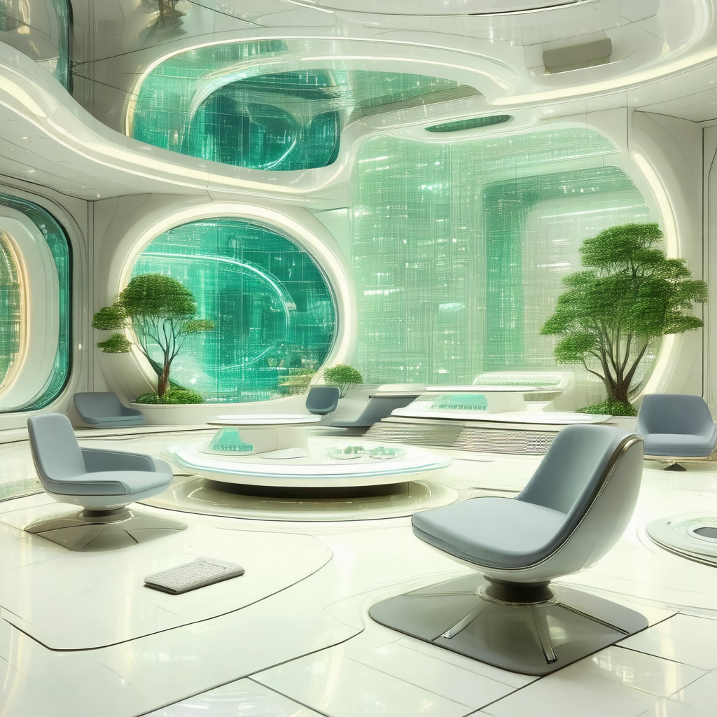 Futuristic living room with a white and blue color scheme