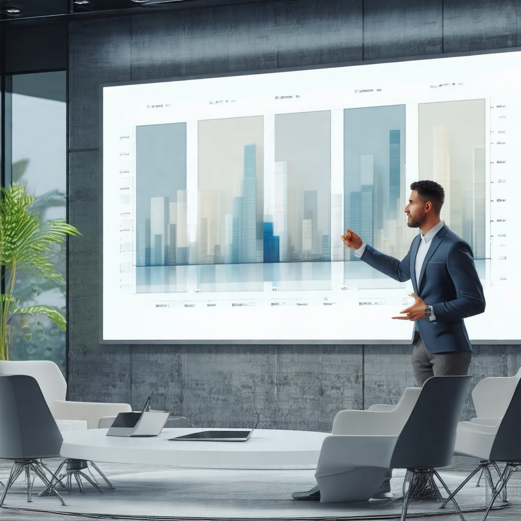 Man standing in front of a large screen, which is display...