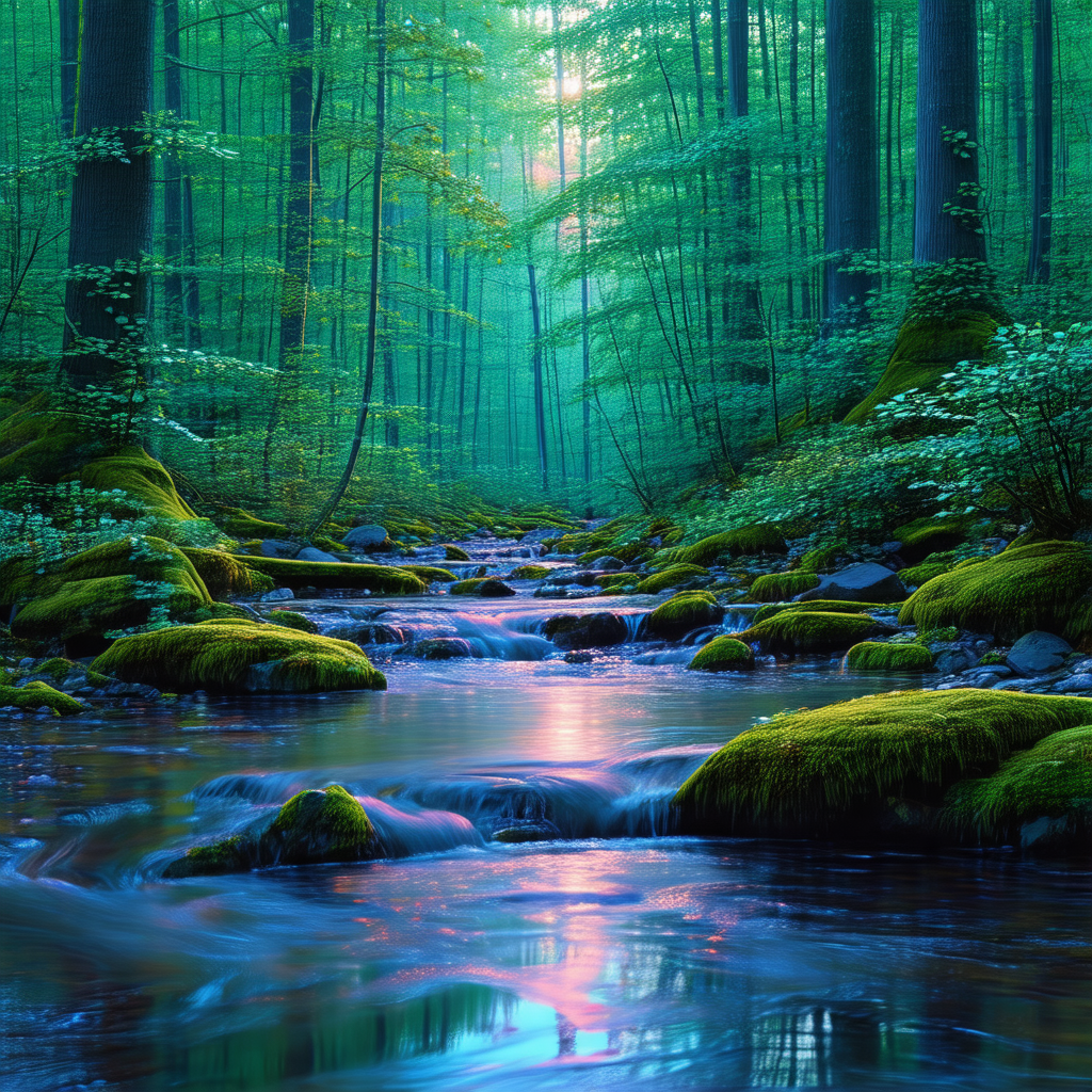 Serene forest scene with a small stream flowing through t...