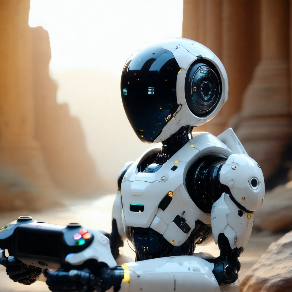 Robot with a white and black color scheme, holding a game...