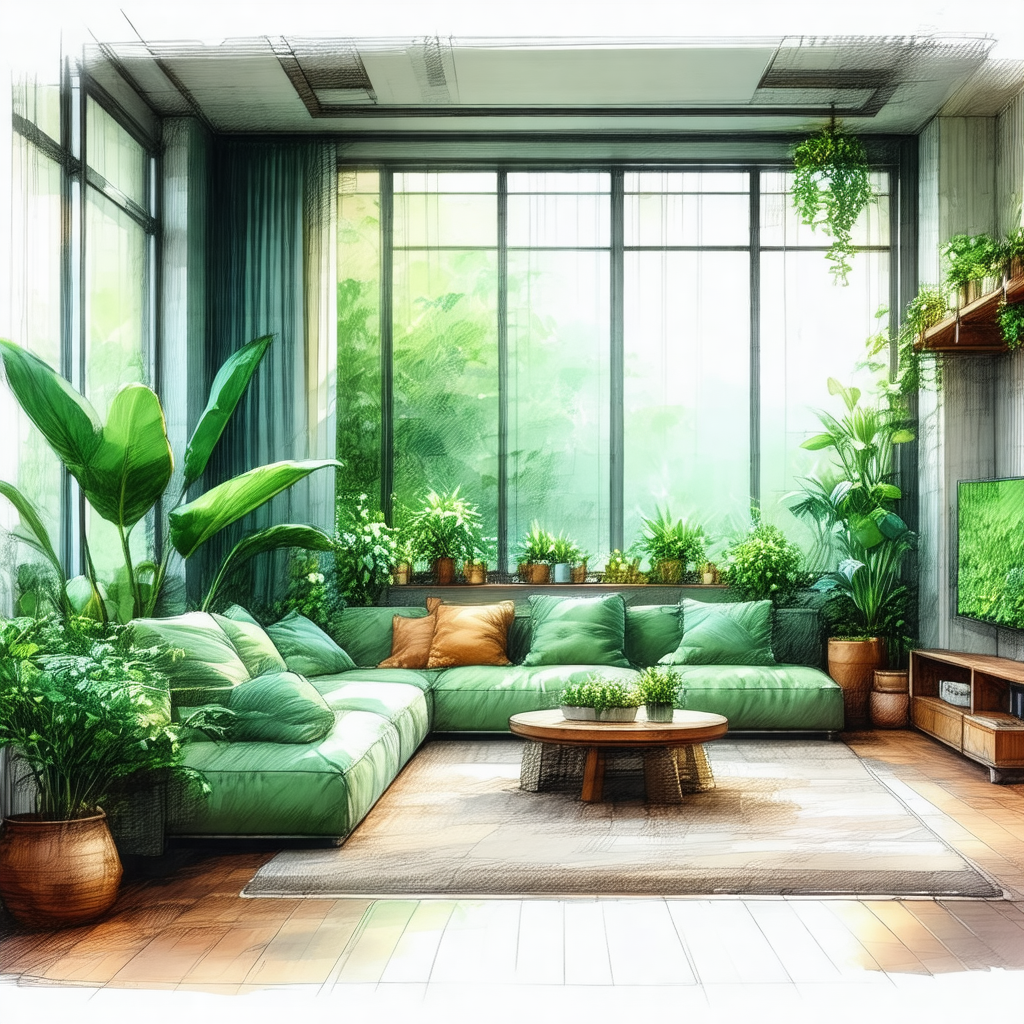 Hand-drawn illustration of a living room filled with vari...