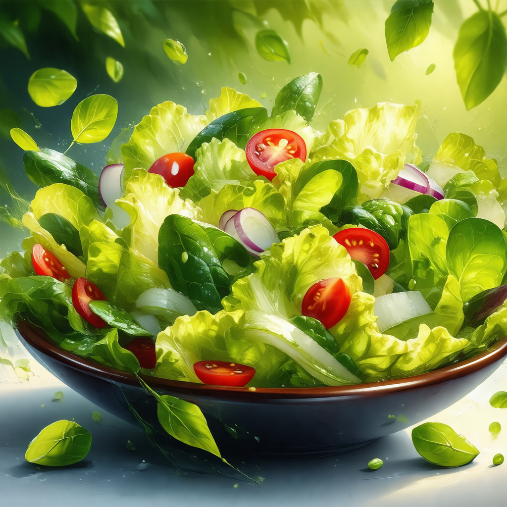 Large bowl filled with a fresh salad, including lettuce, ...