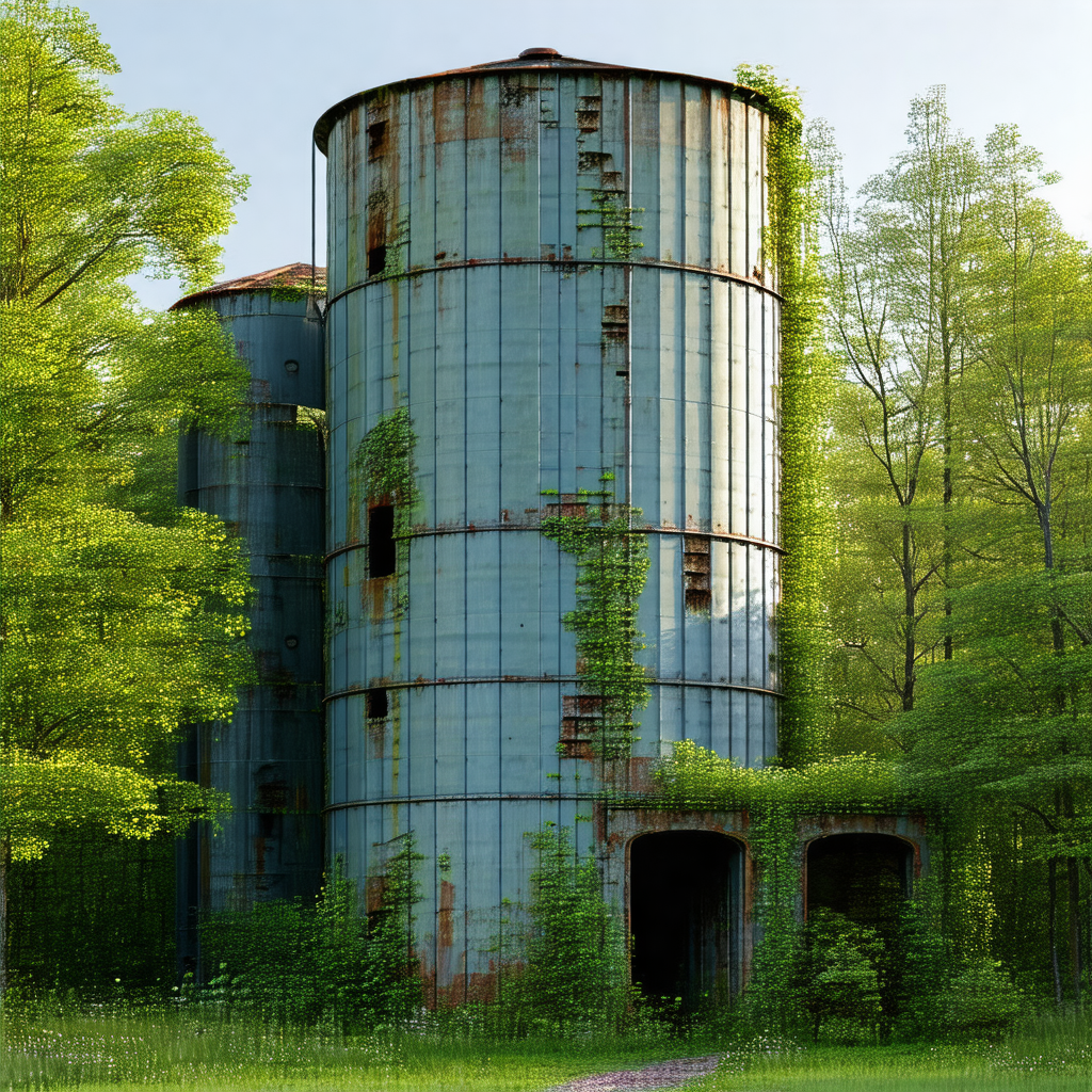 Large, old, and rusty silo with a green vine growing on it