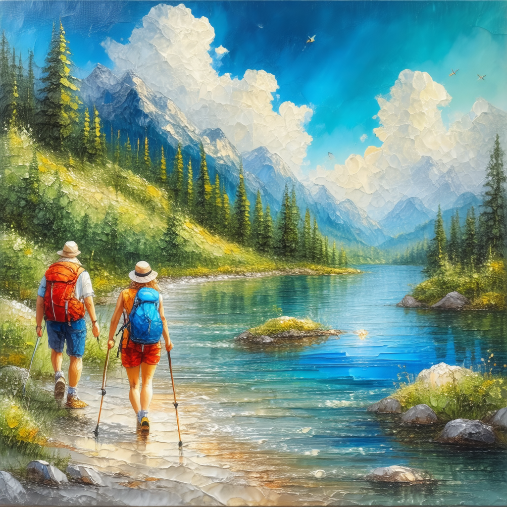 Beautiful scene of two people walking along a river, surr...