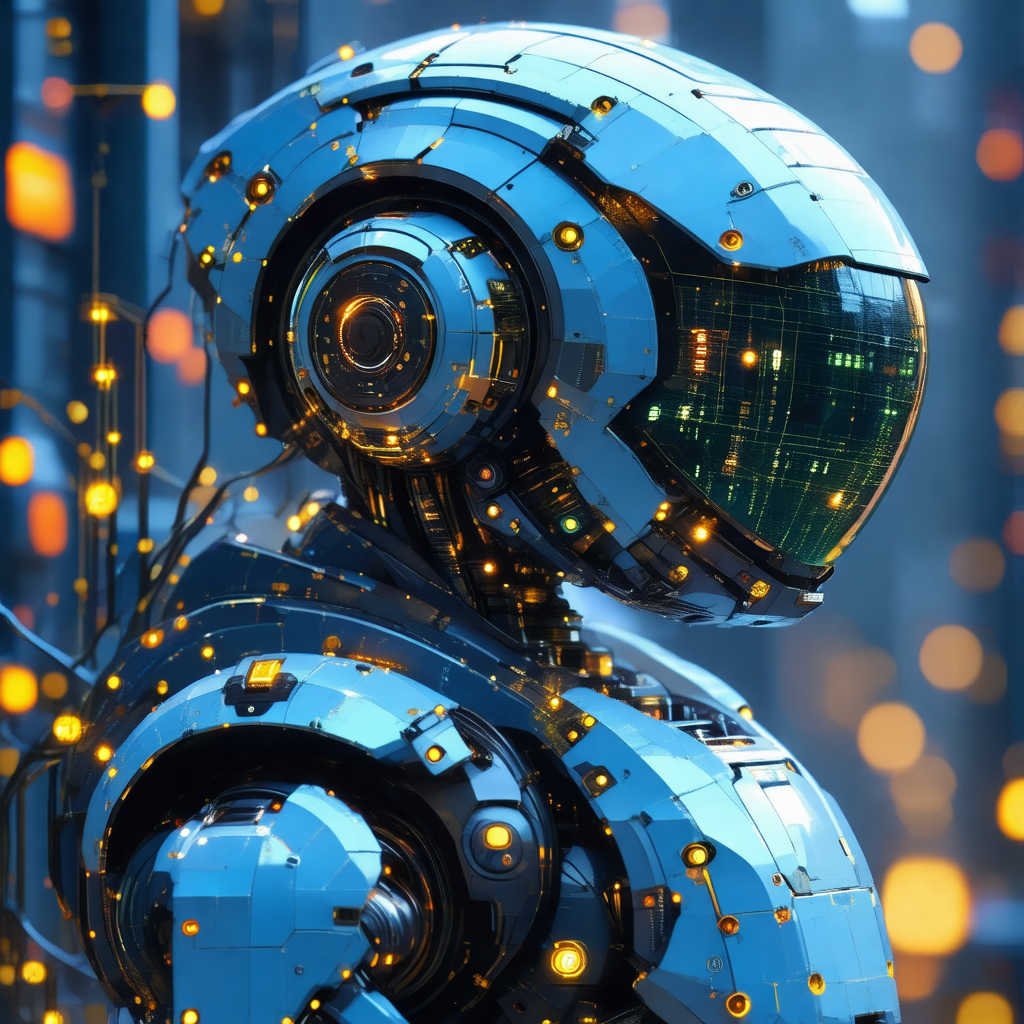 Futuristic robot with a silver and blue color scheme