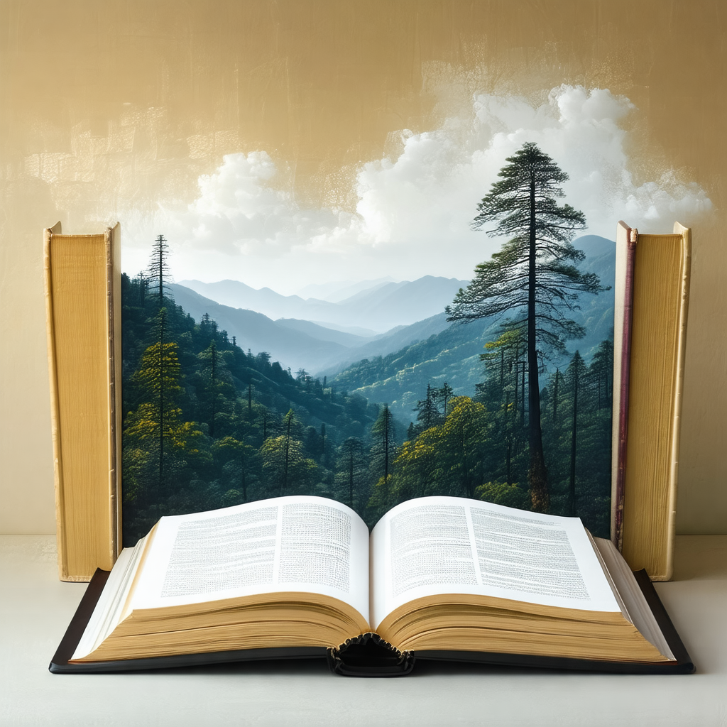 Large book with a painting of a forest on its cover