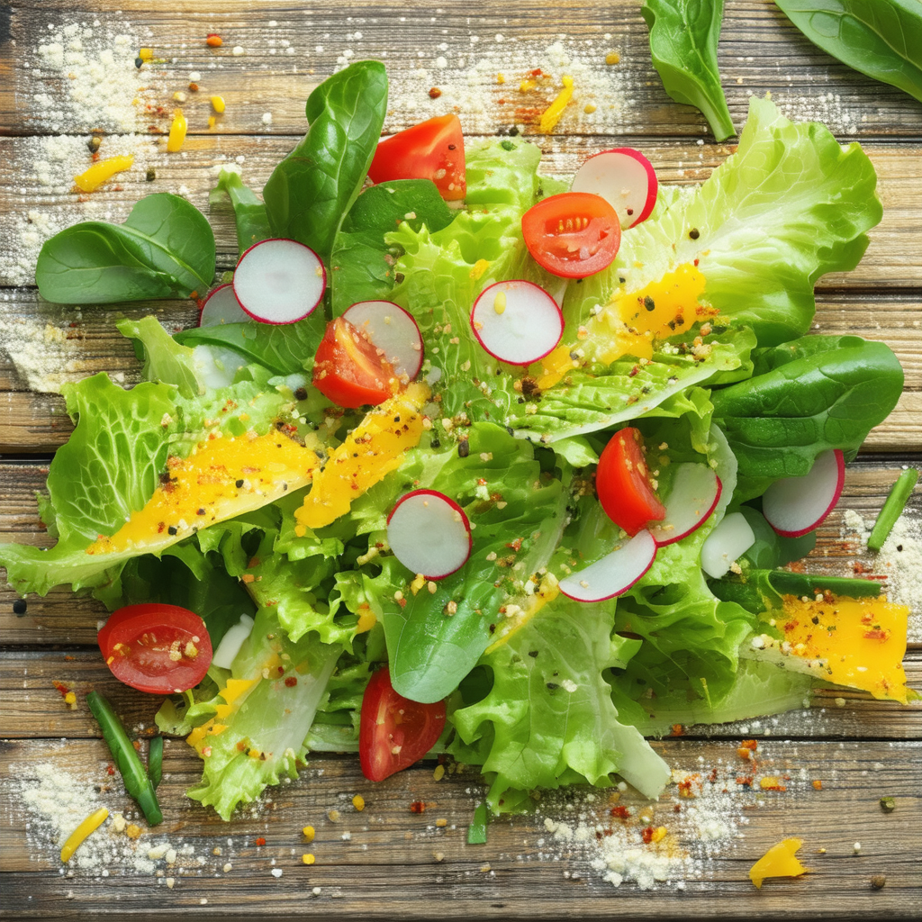 Wooden table with a fresh salad placed on it